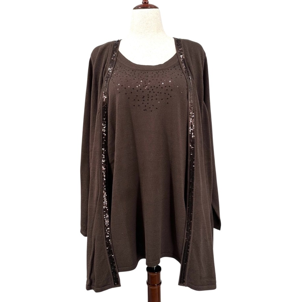 CATHERINES Layered Knit Sweater Chocolate Brown Sequin Trim Tunic Size 1X
